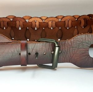 Wide Genuine Leather Brown Belt Woven
